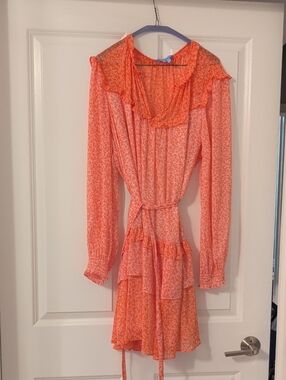 Draper James Coral Floral Long-Sleeve Ruffle Wrap Dress